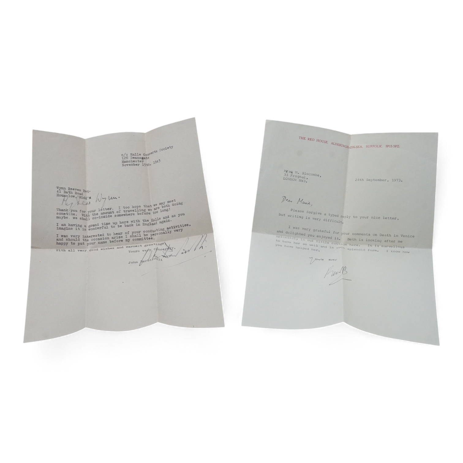 Two classical music related letters; a typed letter from Benjamin Britten (1913-1976) to Marie Slocombe (1912-1995) founder of the BBC Sound Archive, on ‘The Red House’, Aldeburgh headed note paper, dated 24 September 19